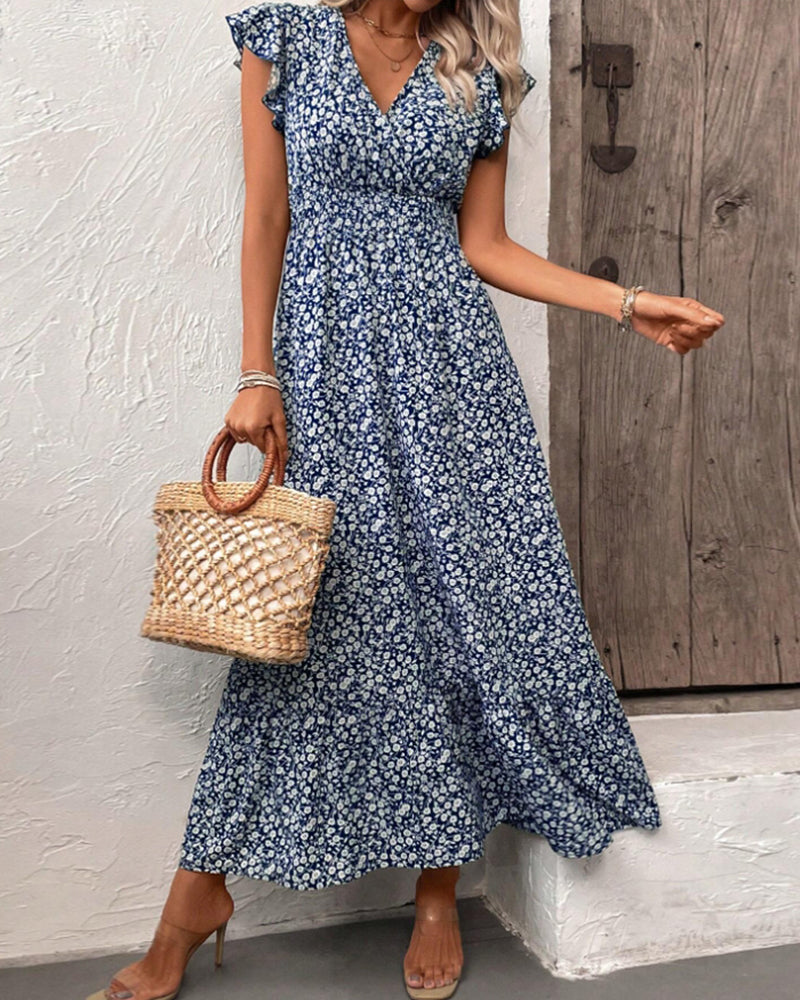 Floral print V-neck ruffled waist maxi dress casual dresses summer vacation dresses