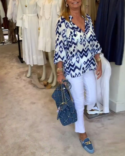 Fashion Lace-Up Lantern Sleeve Printed Blouse