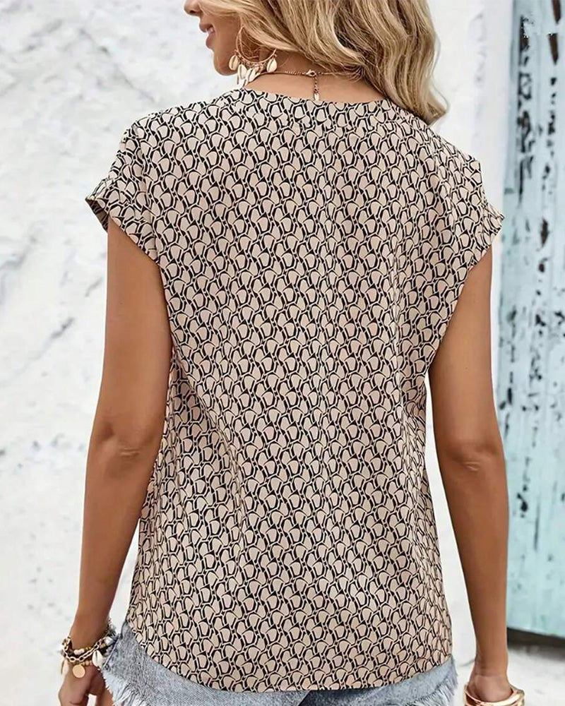 V-Neck Printed Casual Short-Sleeved Blouse