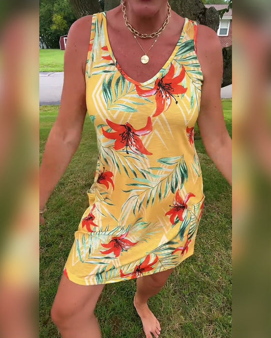 Ärmelloses, gerades Kleid mit V-Ausschnitt und Blumenmuster