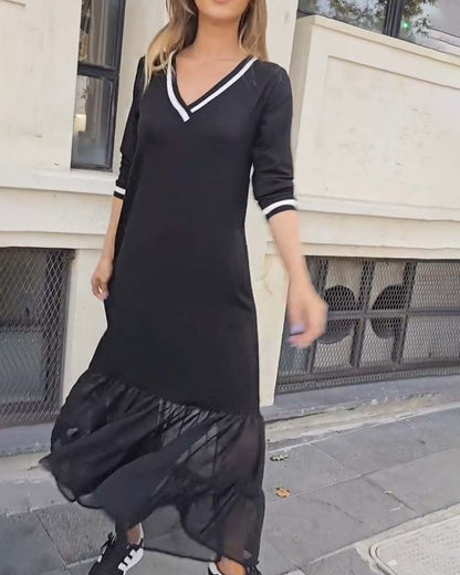 V-Neck Long-Sleeved Mesh Patchwork Dress 2024 f/w dresses