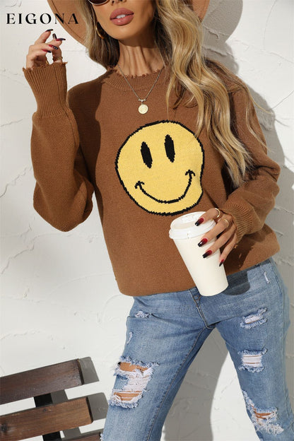 Round Neck Long Sleeve Smily Face Graphic Sweater clothes Ship From Overseas sweater top trend Y.S.J.Y