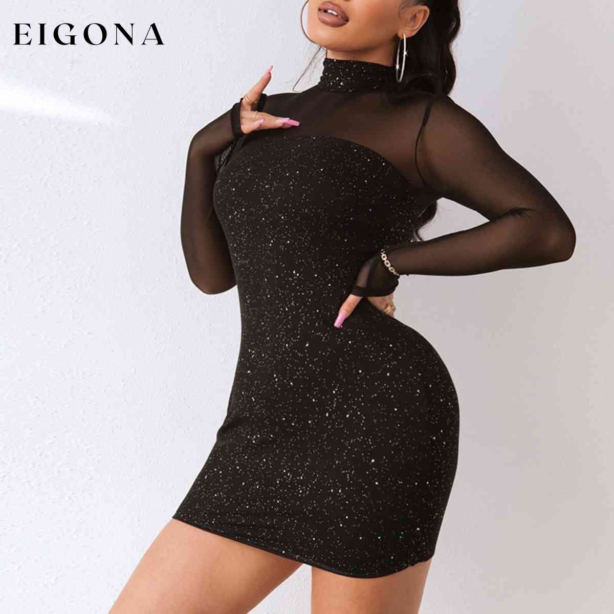 Sequin Mock Neck Mesh Dress clothes D%W Ship From Overseas