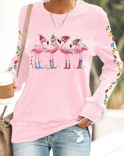 Women's christmas flamingo print crewneck sweatshirt 2024 f/w christmas sweatshirts