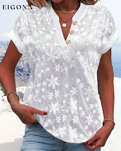 Loose V-neck Embroidered Top with Buttons blouses & shirts spring summer