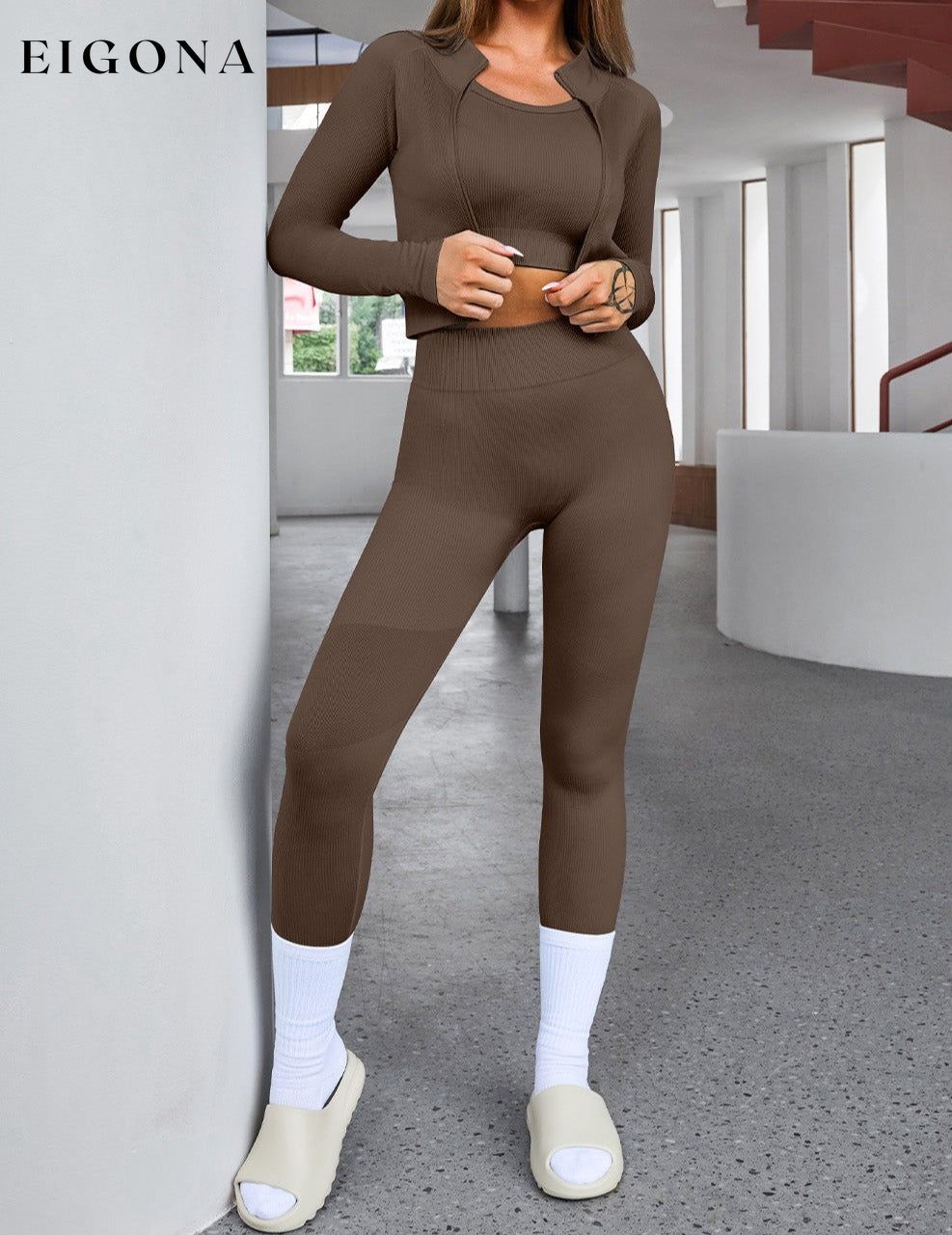 Brown Ribbed Knit 3pcs Sports Set clothes EDM Monthly Recomend Season Winter