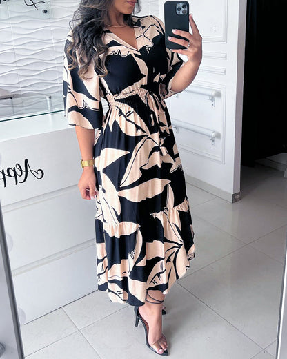 V-neck three-quarter sleeve drawstring elegant dress casual dresses spring summer