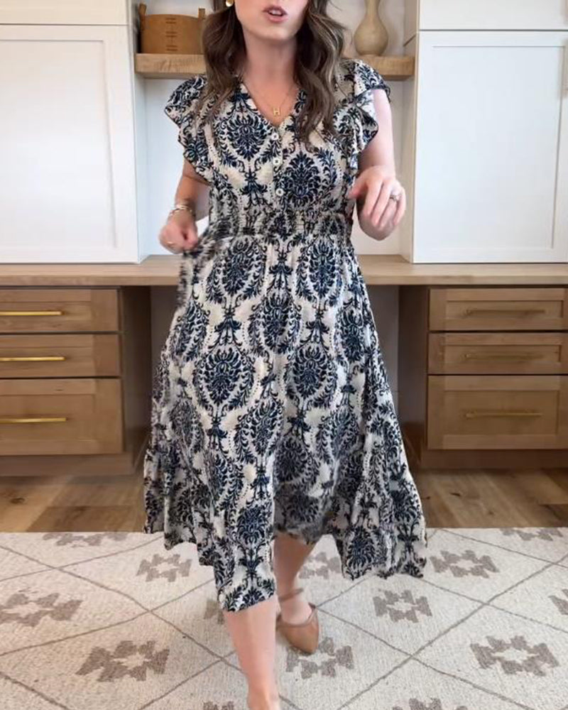 Cashew Flower V-Neck Waisted A-Line Dress