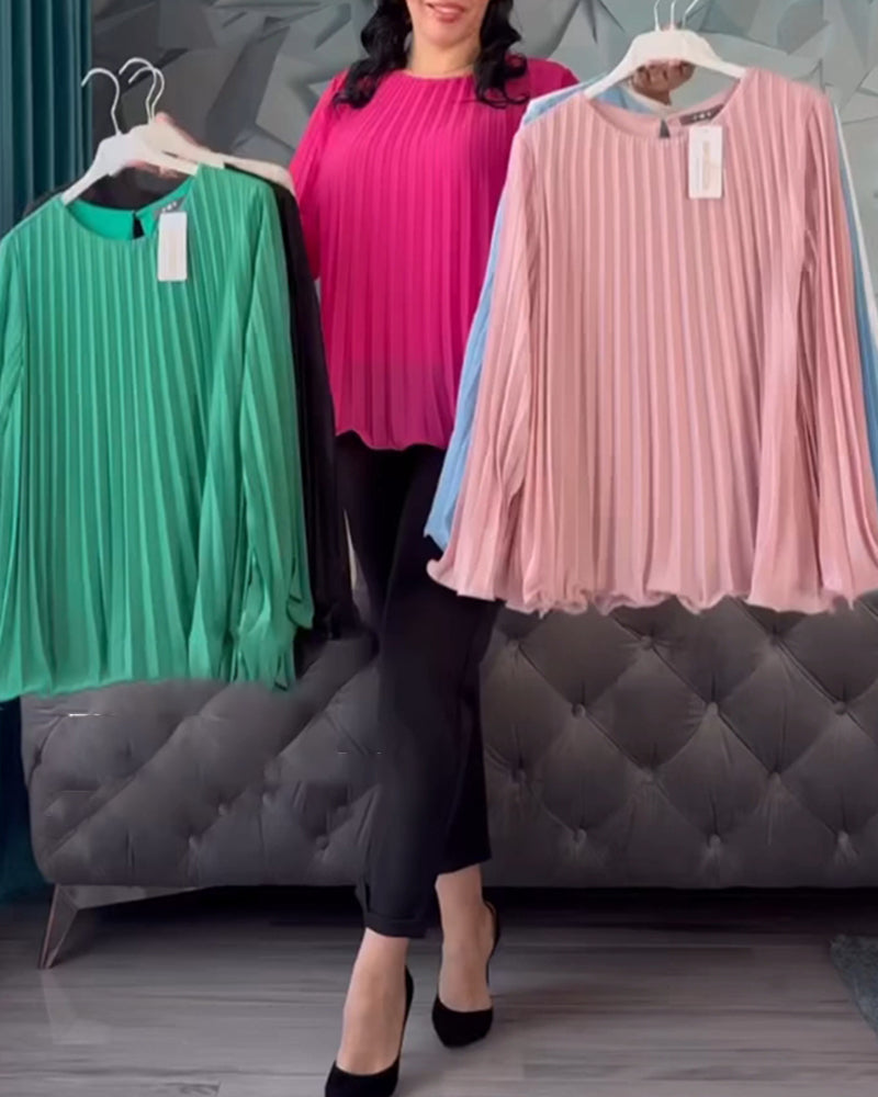 Casual solid color round neck pleated long sleeve blouse 202466 blouses & shirts spring summer
