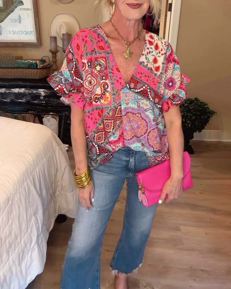 Casual printed V-neck short-sleeve ruffle blouse blouses & shirts summer