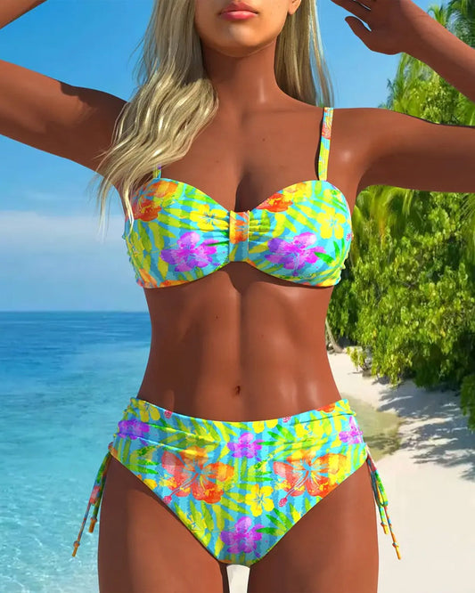 Printed Tie-Back Mid-Waist Swimsuit