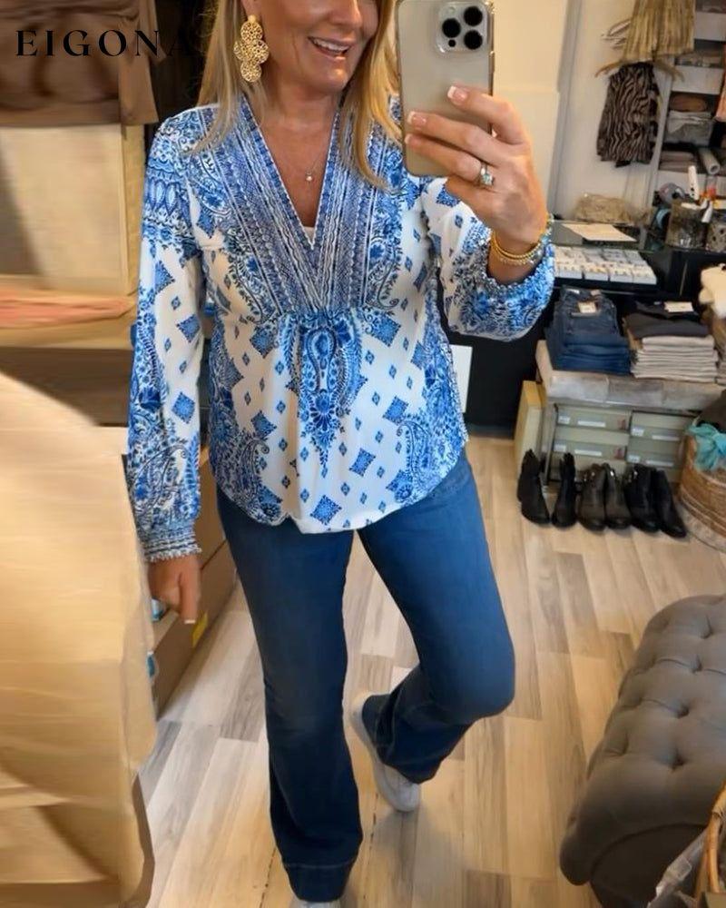 Casual V-neck printed top blouses & shirts spring