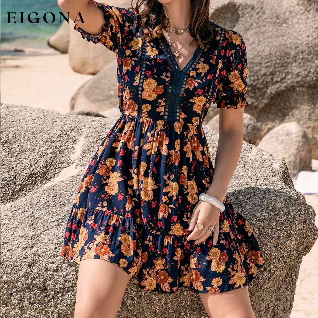 Foral V-Neck Flounce Sleeve Ruffle Hem Dress Floral clothes H.R.Z Ship From Overseas