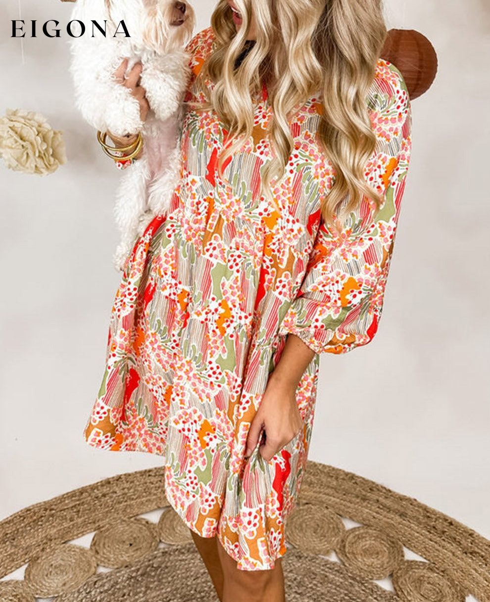 Multicolour Split Neck Puff Sleeve Flowy Printed Dress Best Sellers clothes Color Multicolor Color Orange EDM Monthly Recomend Hot picks Occasion Daily Print Floral Season Spring Silhouette A-Line Style Southern Belle