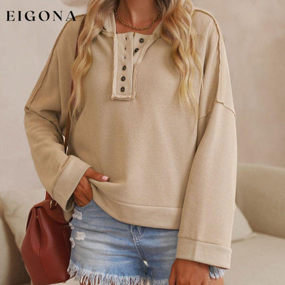 Casual Button Solid Patchwork Trim Hoodie All In Stock clothes Color Khaki Craft Patchwork long sleeve shirts long sleeve top Occasion Daily Print Solid Color Season Fall & Autumn Style Casual Sweater sweaters Sweatshirt