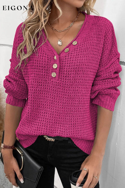 Rose Fiery Red Pointelle Knit Button V Neck Drop Shoulder Long Sleeve Shirt, Sweater All In Stock clothes Color Pink EDM Monthly Recomend long sleeve top long sleeve tops Occasion Daily Print Solid Color Season Winter Style Southern Belle top tops