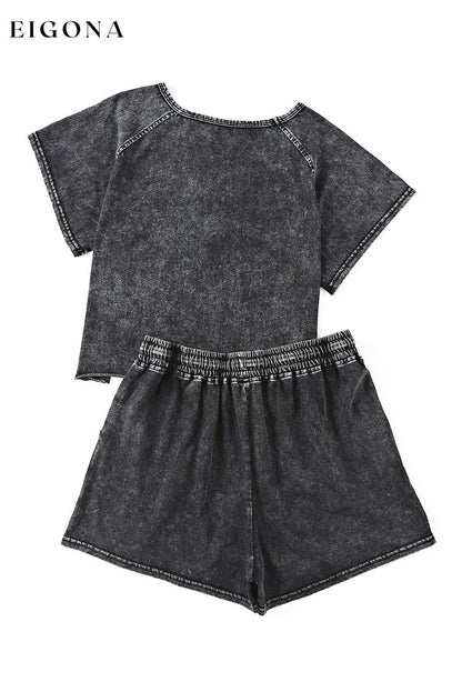 Black Acid Washed Short Lounge Set 2 pieces clothes Craft Washed Occasion Home Print Solid Color Season Summer set short set Style Casual