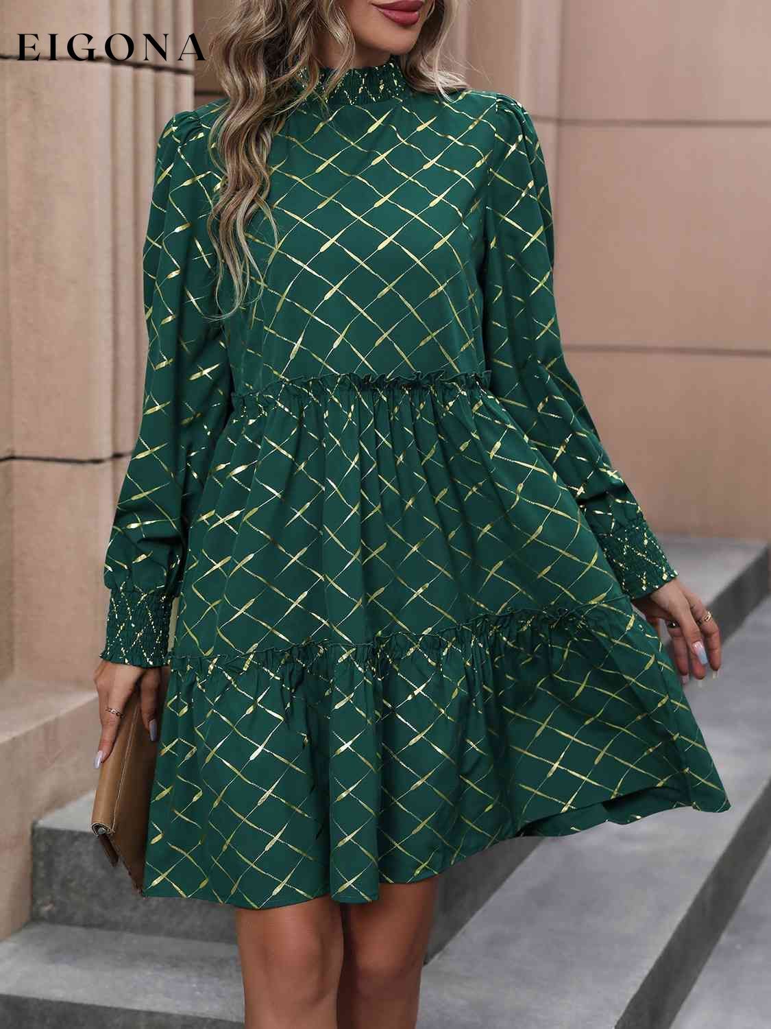 Mock Neck Frill Trim Long Sleeve Mini Dress Green casual dresses clothes dress dresses Hundredth long sleeve dress long sleeve dresses Ship From Overseas short dress short dresses