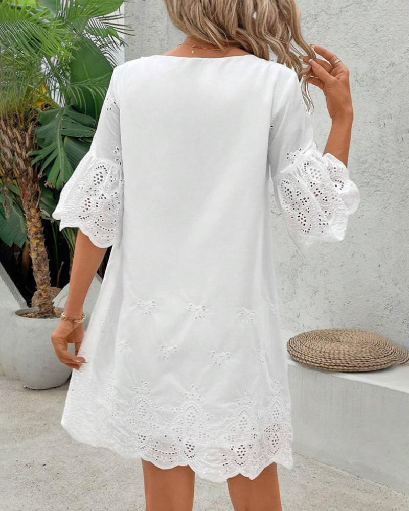 Hollow Lace Five-Point Sleeve Dress