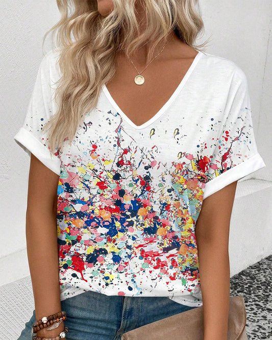 V-Neck Colorful Graffiti Print T-Shirt
