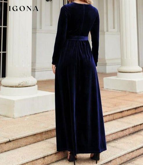 Tie Front Round Neck Long Sleeve Maxi Dress A@Y@Y clothes Ship From Overseas