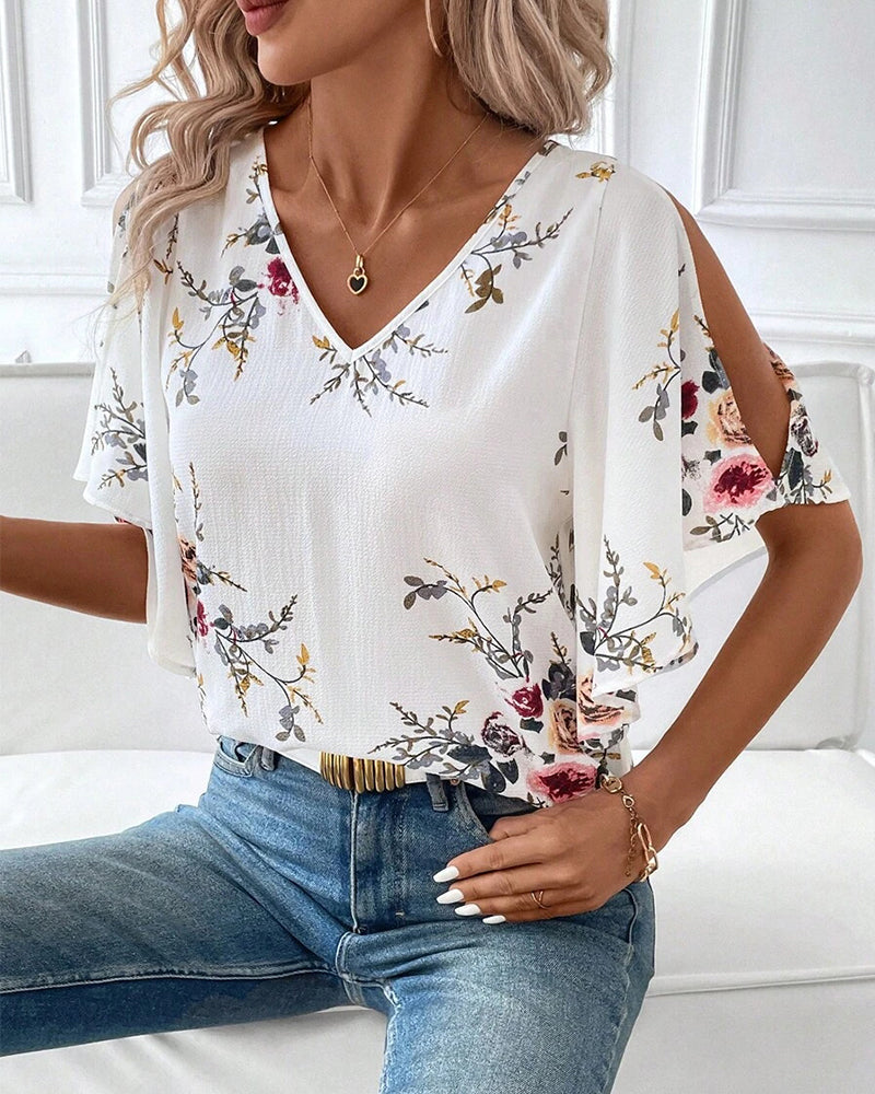 V-Neck Off-Shoulder Printed Blouse