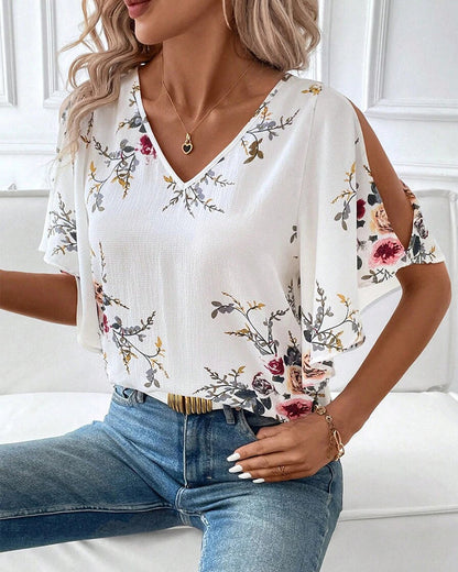 V-Neck Off-Shoulder Printed Blouse