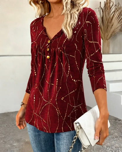 Printed Button-Down V-Neck Top