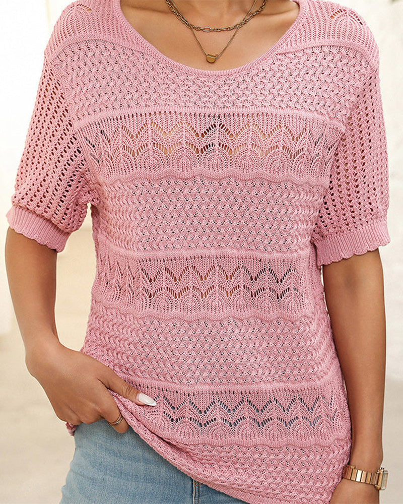 Women's Round Neck Hollow Knit Crochet Short Sleeve Sweater