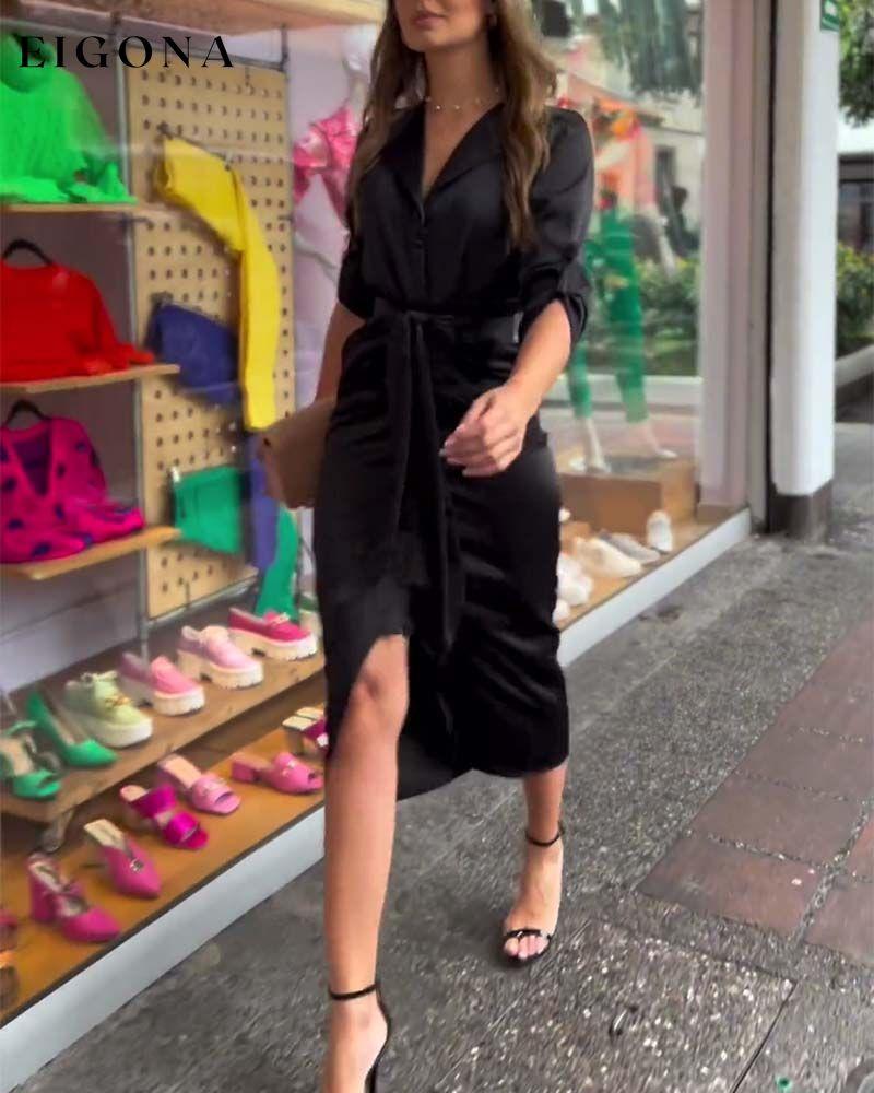 Fashion solid color lapel slit dress casual dresses spring summer