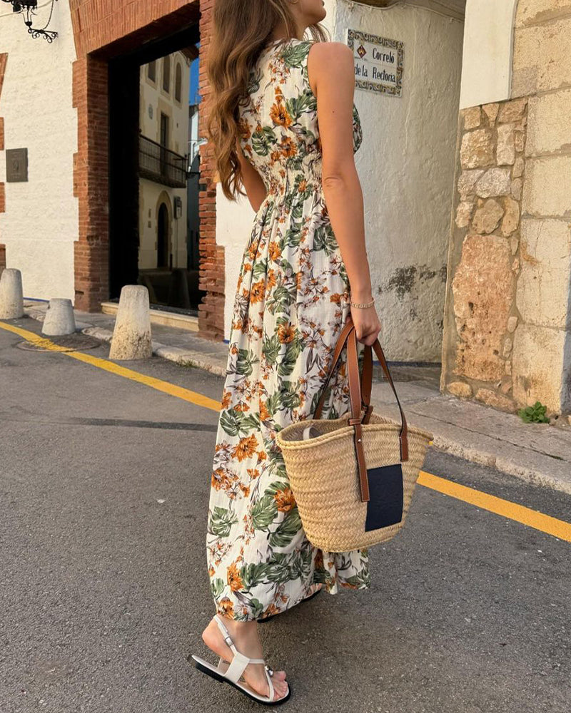 Sleeveless deep v waist floral dress summer vacation dresses