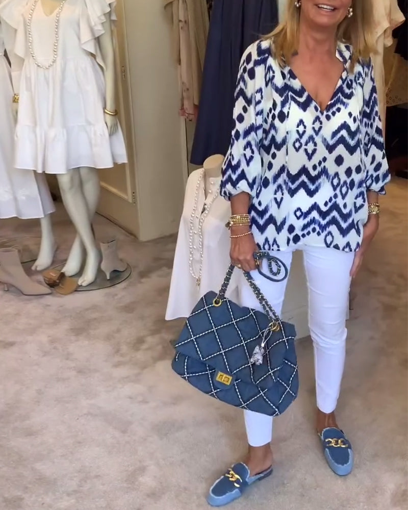 Fashion Lace-Up Lantern Sleeve Printed Blouse