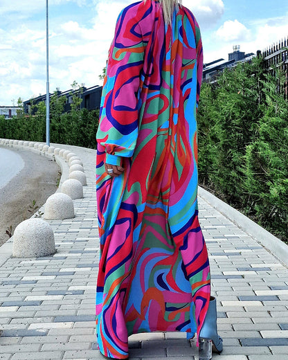 Colorful printed V-neck puff sleeve long dress casual dresses spring summer