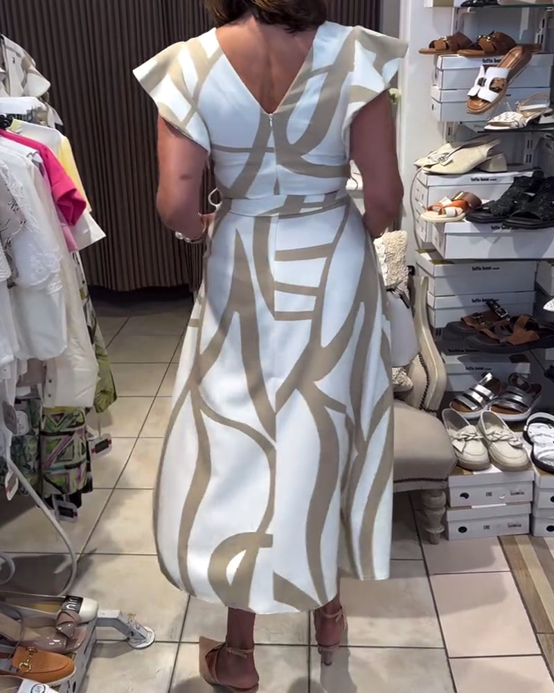 V-Neck Printed Ruffle Sleeve Dress