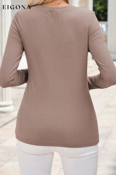 Ribbed V-Neck Long Sleeve Blouse with Pocket clothes long sleeve shirt long sleeve shirts long sleeve top long sleeve tops Ship From Overseas shirt shirts SYNZ top tops