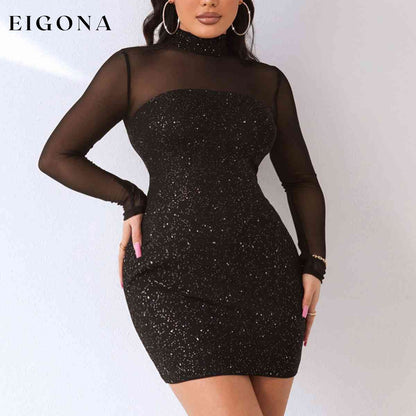 Sequin Mock Neck Mesh Dress Black clothes D%W Ship From Overseas