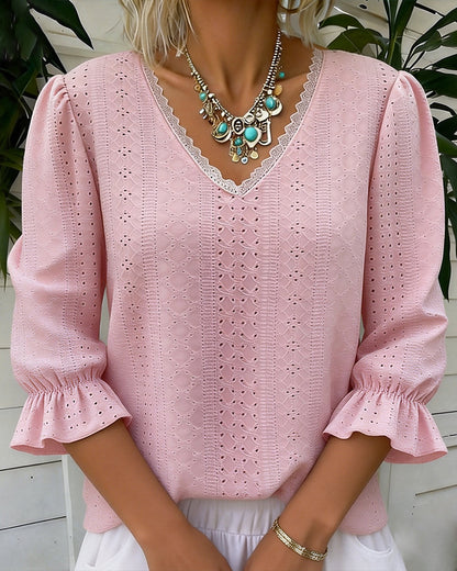 Elegant V-Neck Lace Cut-Out T-Shirt