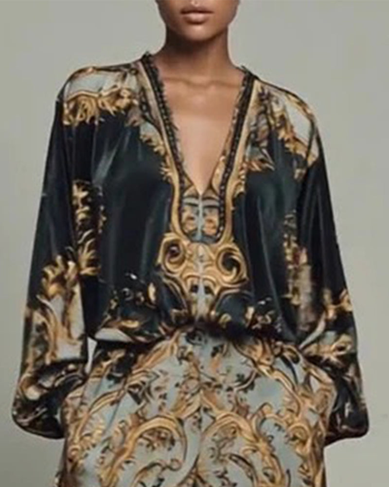 V-Neck Lantern Sleeve Wide Leg Pant Set