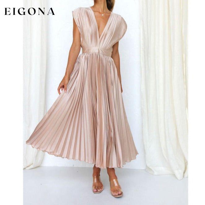 Sexy pleated casual loose zipper sleeveless casual elegant midi dress Pink clothes dresses evening dress evening dresses formal dress formal dresses long dress midi dress short sleeve short sleeve dress