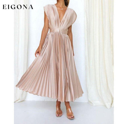 Sexy pleated casual loose zipper sleeveless casual elegant midi dress Pink clothes dresses evening dress evening dresses formal dress formal dresses long dress midi dress short sleeve short sleeve dress