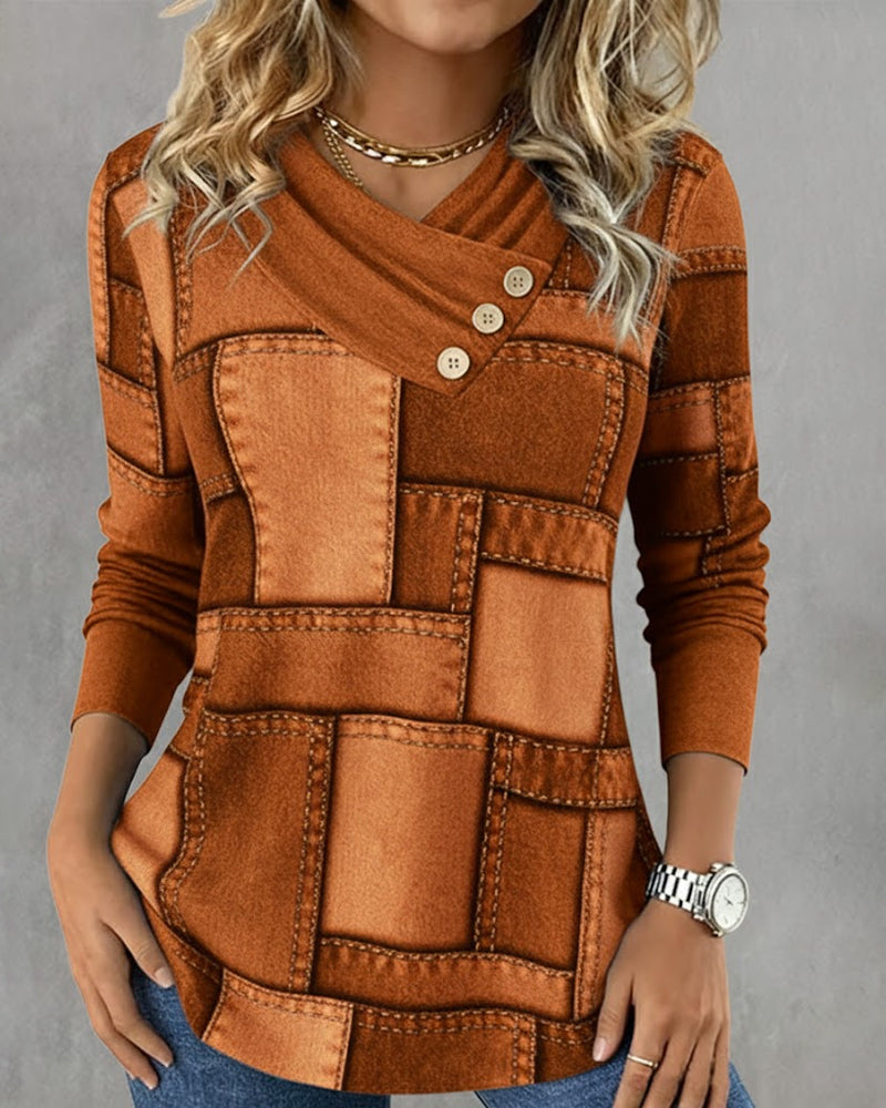 V-Neck Contrast Solid Color Long-Sleeved Top