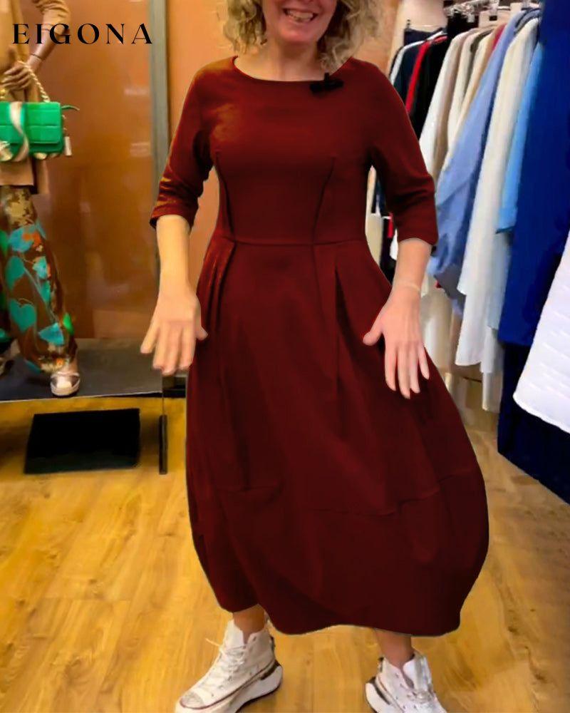 Round Neck 2/3 Sleeve Dress Burgundy 2023 f/w 23BF casual dresses Clothes Dresses spring