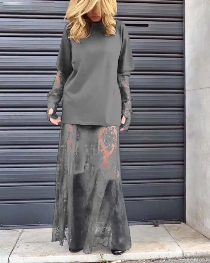 Zweiteiliges Set – einfarbiges T-Shirt und Spitzenrock