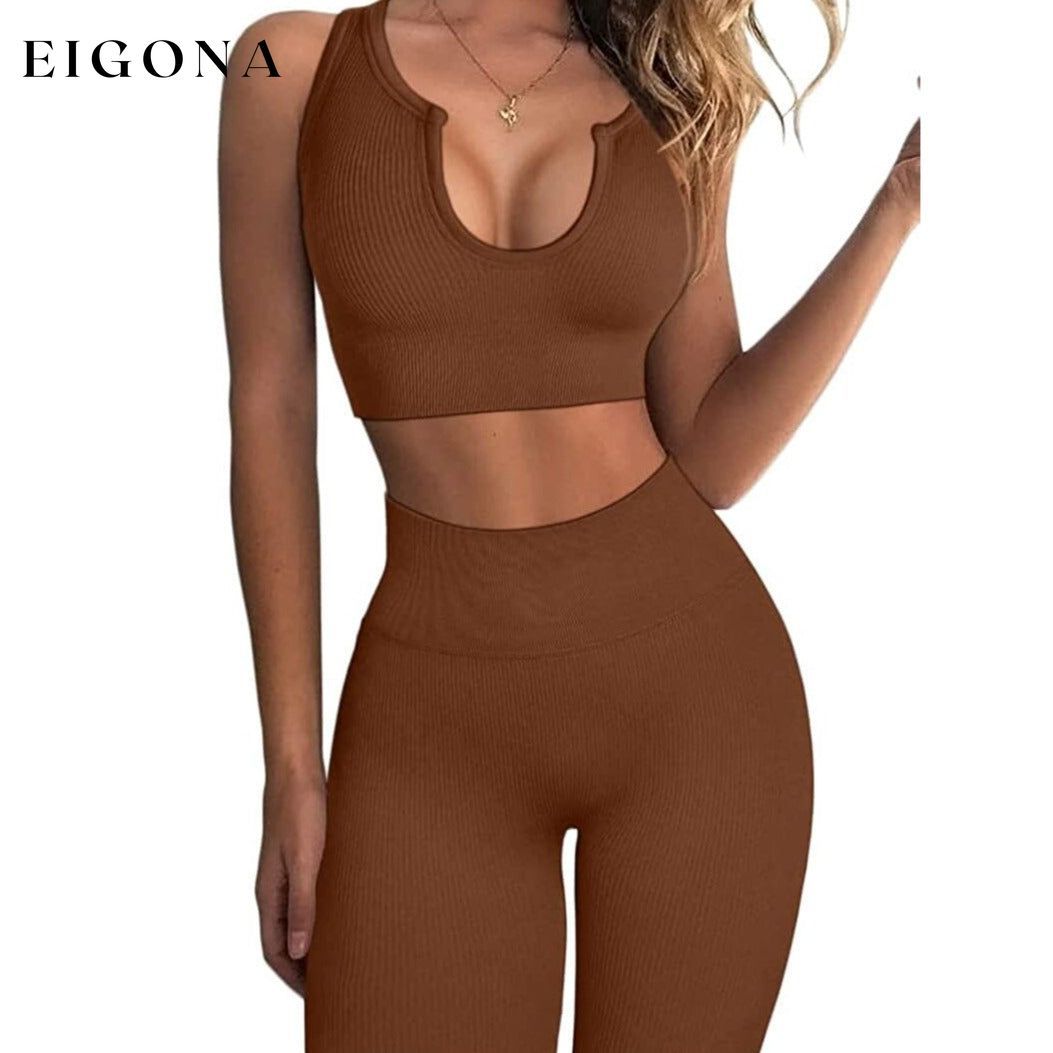 2-Piece Set: Ribbed Seamless Crop Tank High Waist Yoga Leggings Brown __stock:200 bottoms refund_fee:1200