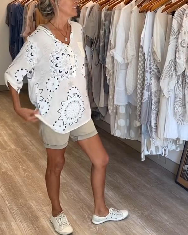 Versatile V-Neck Printed Half Sleeves Blouse