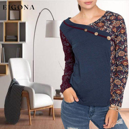 【100% Cotton】Floral Print Patchwork Blouse Dark Blue 100% Cotton best Best Sellings clothes Plus Size Sale tops Topseller