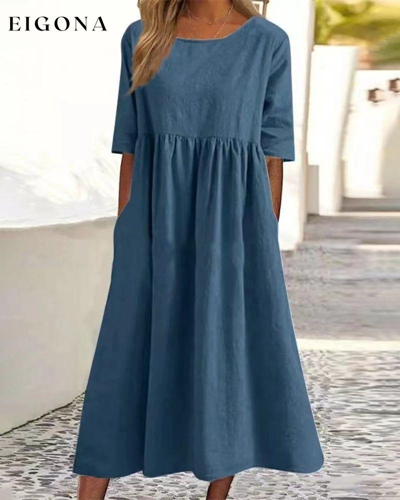 Cotton linen solid color dress Navy blue 23BF Casual Dresses Clothes Cotton and Linen Dresses Spring Summer