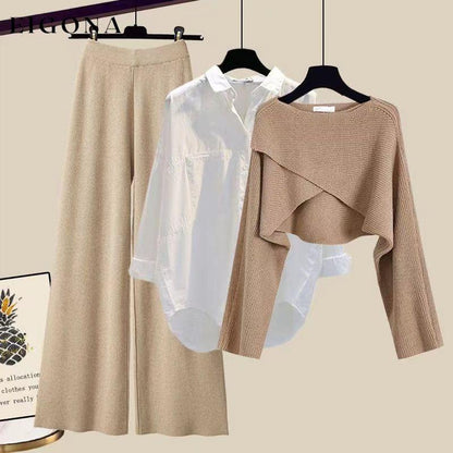 Cross solid color three piece set Khaki sweater + white shirt + khaki pants 2023 f/w 23BF set sets spring two-piece sets