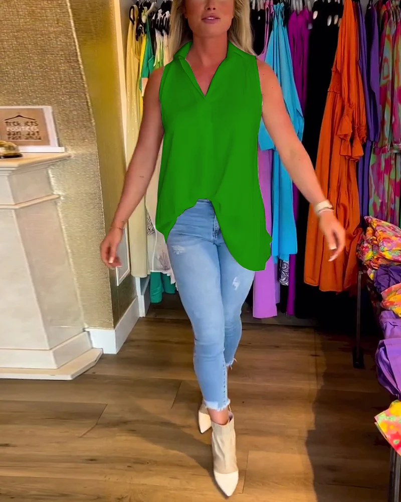 Sleeveless lapels shirred top Green blouses & shirts summer