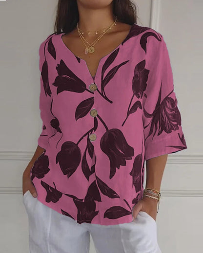 Button-Down-Oberteil aus Baumwolle und Leinen mit Blumendruck